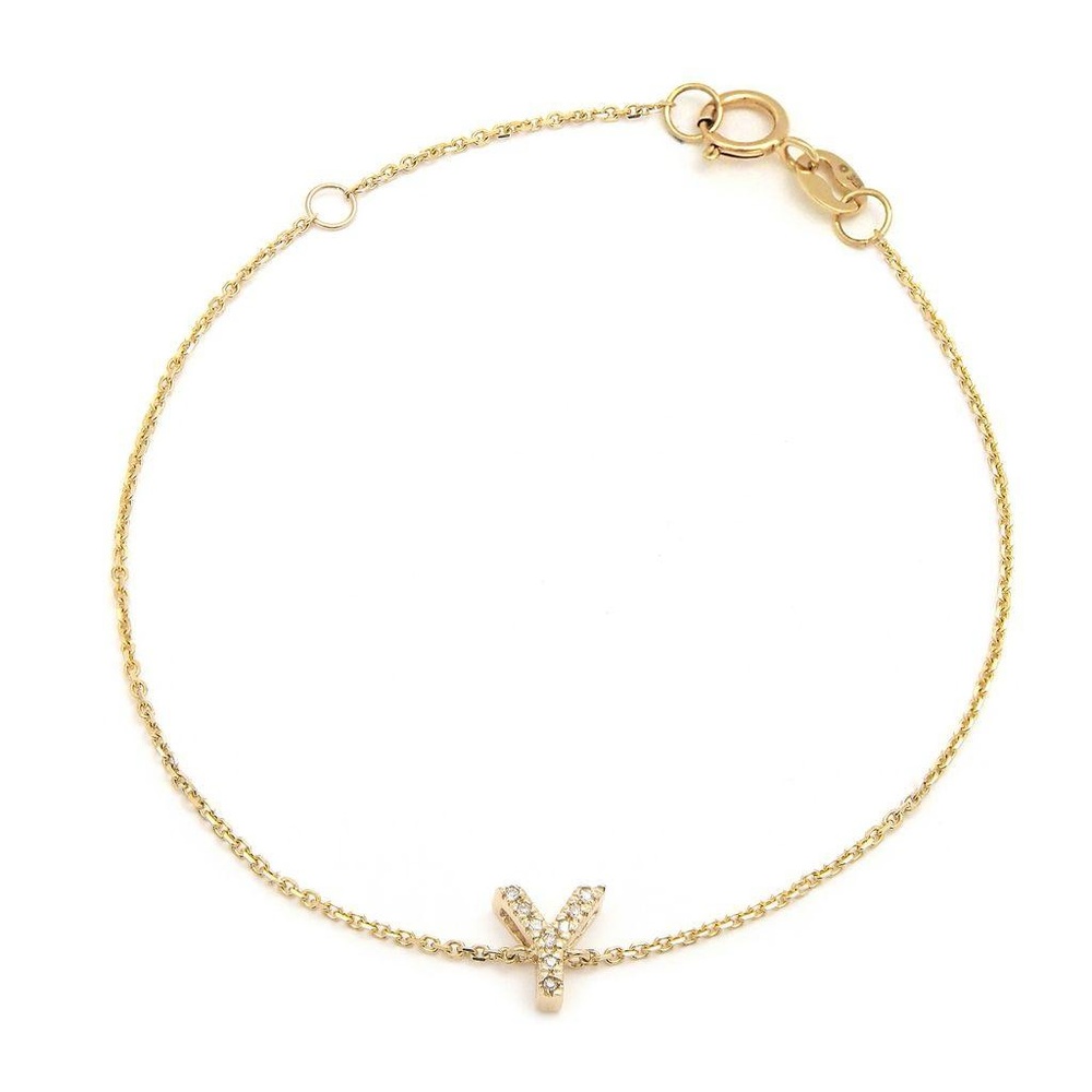 14K Real Yellow Gold Initial ”Y” Single Prong Diamond Bracelet 7+1″